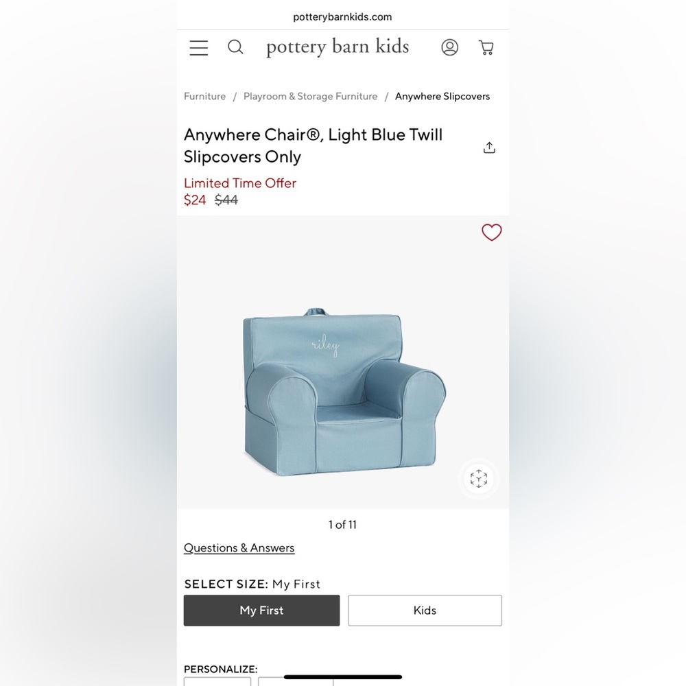 Pottery Barn Kids MyFirst Anywhere Chair Slipcover blue white gingham